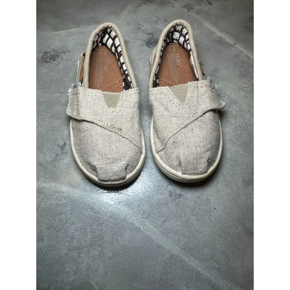 Toddler TOMS Tiny Bimini Natural Burlap Canvas Slip On Size T7,‎ Hook and Loop